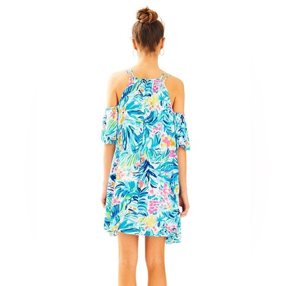 Lilly Pulitzer Bellamie Dress Size Small Blue ‎ Floral Cold Shoulder Flowy Swing - Picture 9 of 16